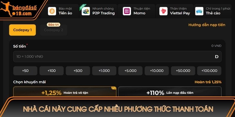 Nhà cái cung cấp nhiều phương thức thanh toán